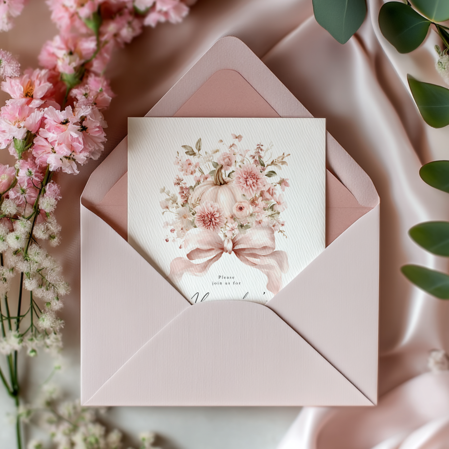 Dusty Pink Bow Pumpkin Bridal Shower Invitation Template L16