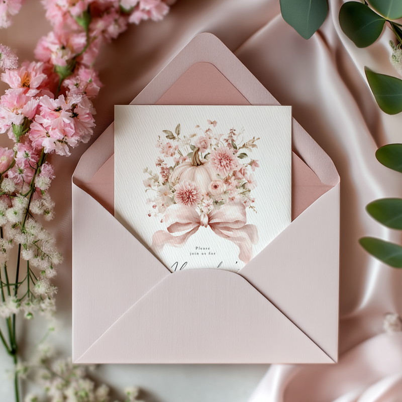 Dusty Pink Bow Pumpkin Bridal Shower Invitation Template L16