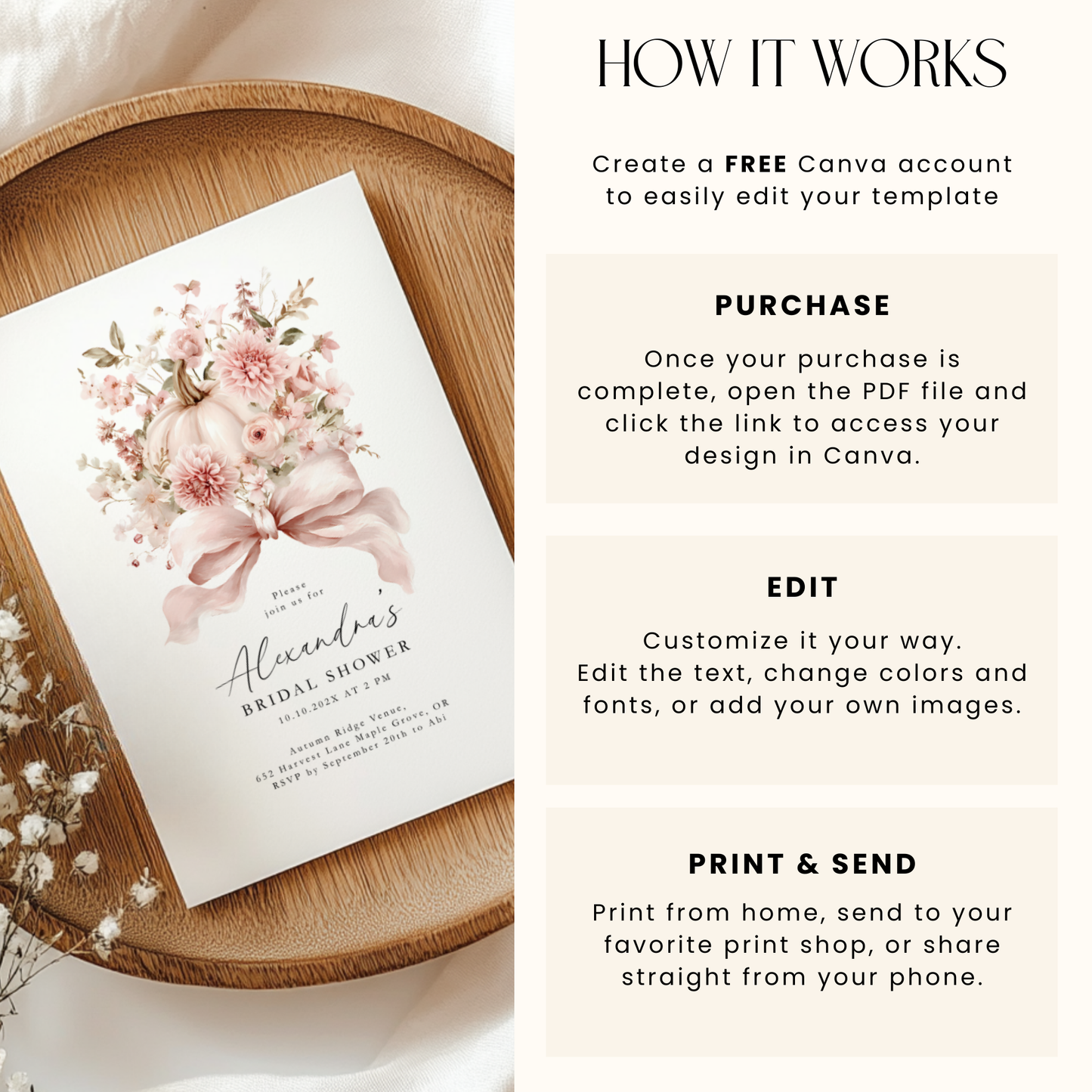 Dusty Pink Bow Pumpkin Bridal Shower Invitation Template L16