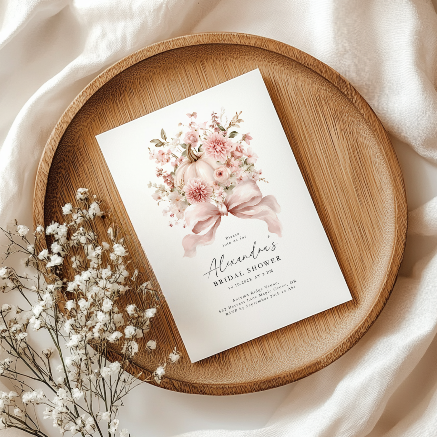 Dusty Pink Bow Pumpkin Bridal Shower Invitation Template L16