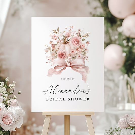 Pink Bow Pumpkin Fall Bridal Shower Welcome Sign Template L16