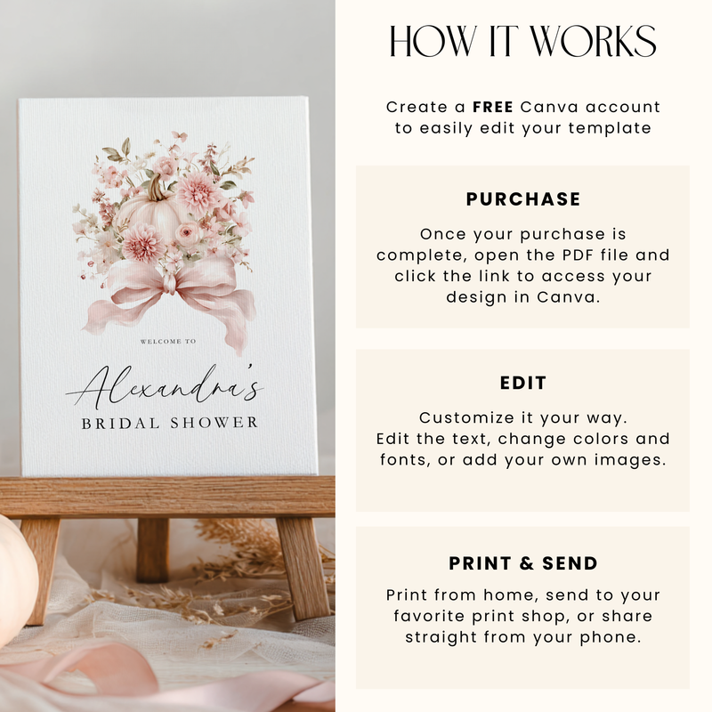 Pink Bow Pumpkin Fall Bridal Shower Welcome Sign Template L16
