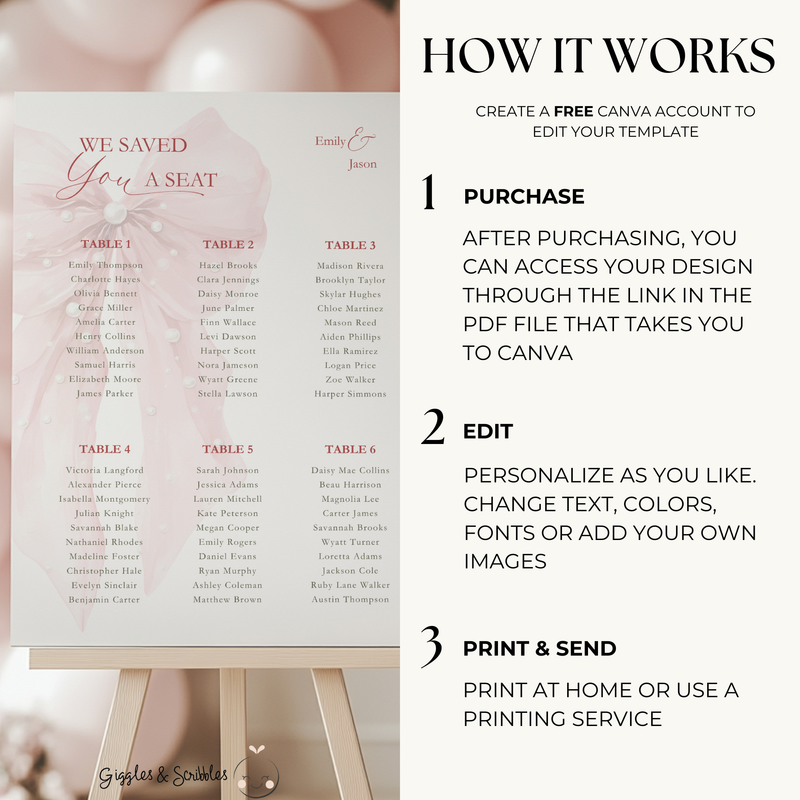 Pink Bow Seating Chart for Wedding / Baby Shower BS164