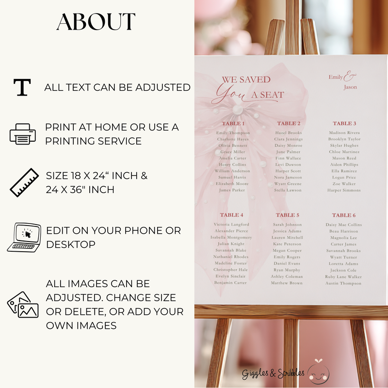 Pink Bow Seating Chart for Wedding / Baby Shower BS164