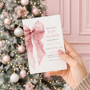Pink Bow Snowflake Winter Baby Shower Invitation Bundle BS257