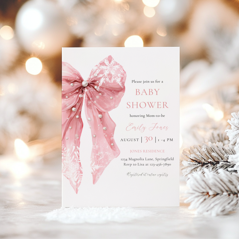 Pink Bow Snowflake Winter Baby Shower Invitation Bundle BS257