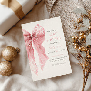 Pink Bow Snowflake Winter Baby Shower Invitation Bundle BS257