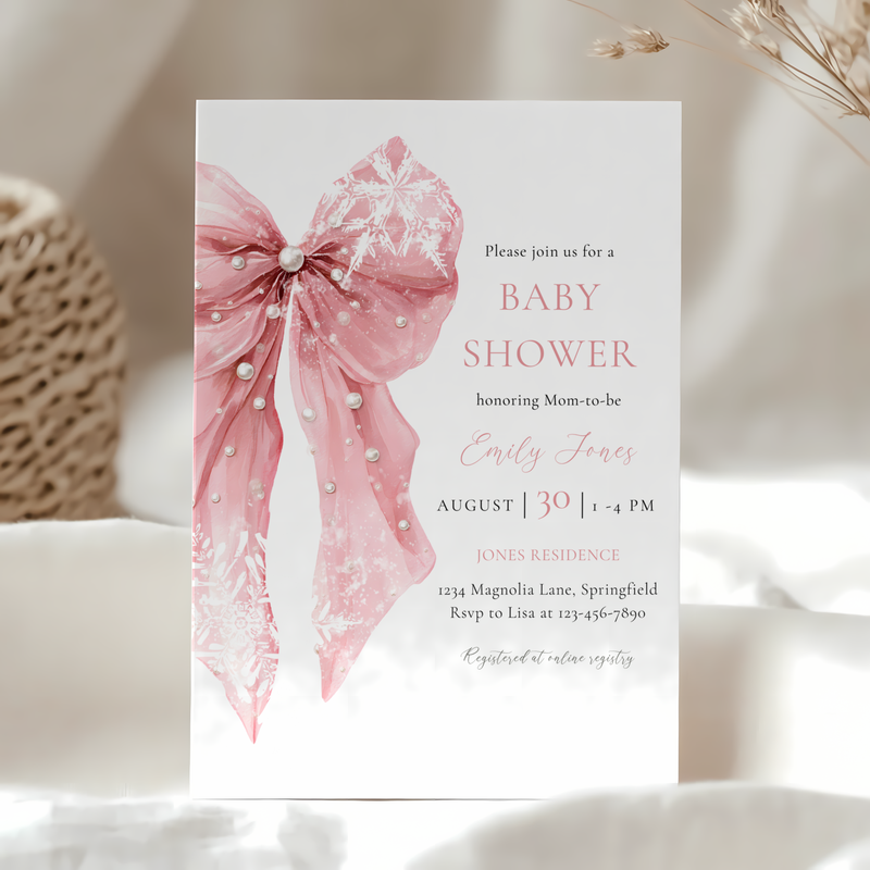 Baby Shower Invitation - Pink Bow with Snowflakes BS257
