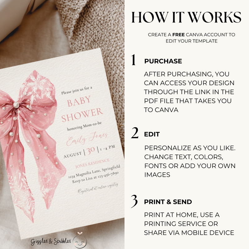 Pink Bow Snowflake Winter Baby Shower Invitation Bundle BS257