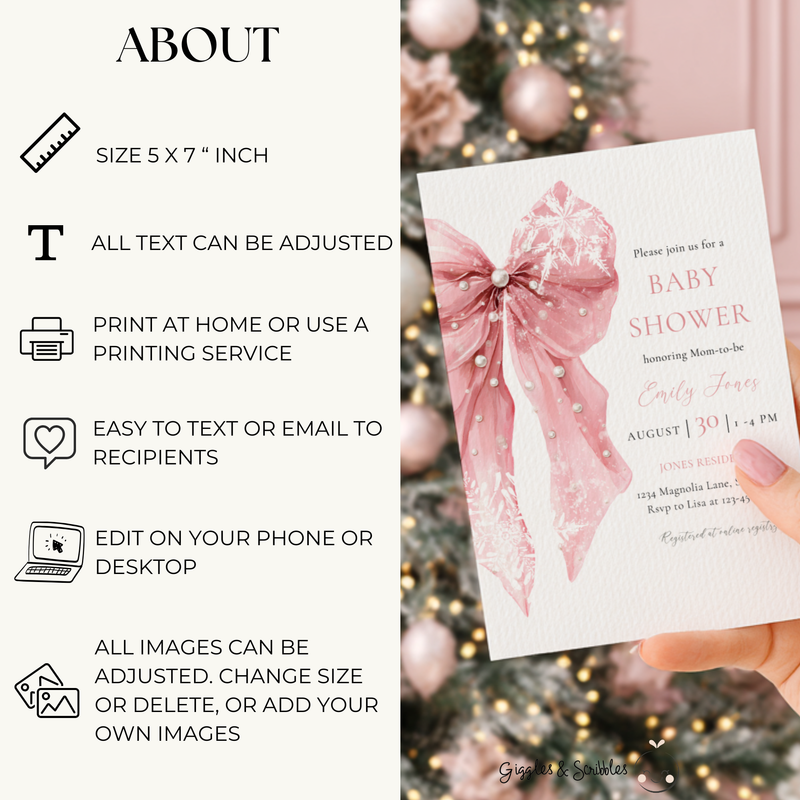 Baby Shower Invitation - Pink Bow with Snowflakes BS257