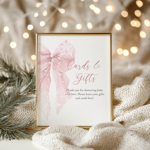 Baby Shower Table Sign Bundle - Pink Bow Winter Christmas Snowflakes BS257
