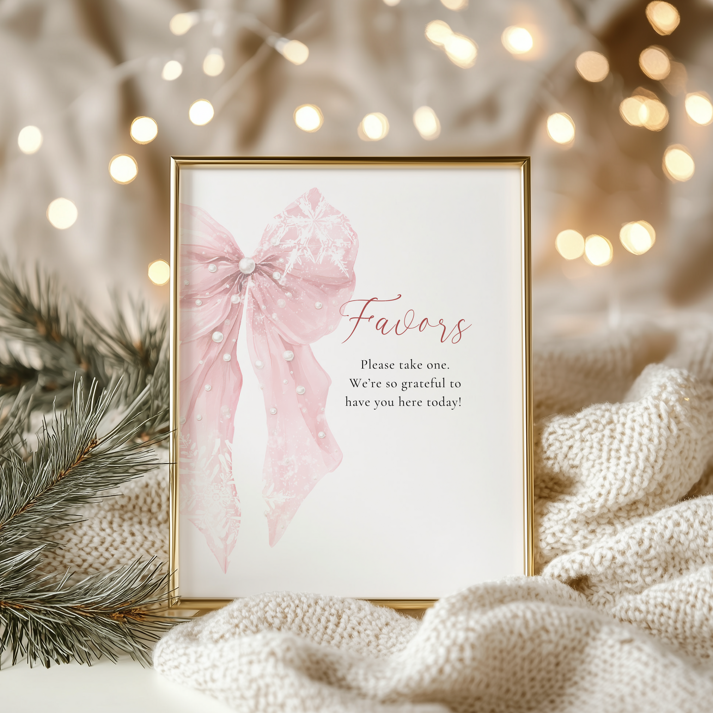 Baby Shower Table Sign Bundle - Pink Bow Winter Christmas Snowflakes BS257