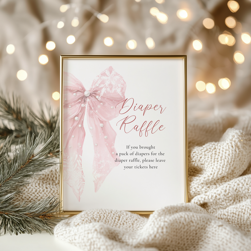 Baby Shower Table Sign Bundle - Pink Bow Winter Christmas Snowflakes BS257