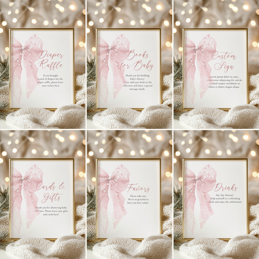Baby Shower Table Sign Bundle - Pink Bow Winter Christmas Snowflakes BS257