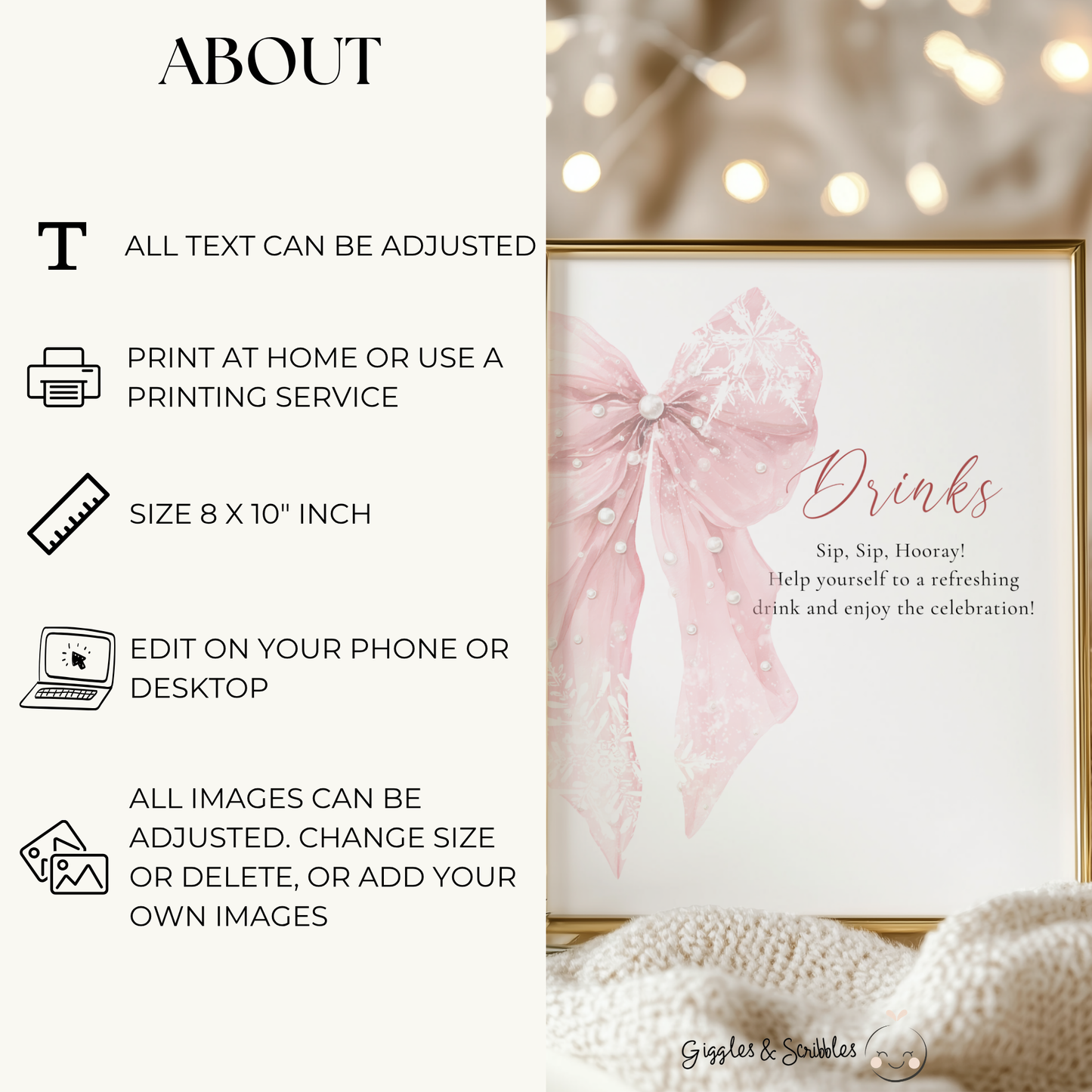 Baby Shower Table Sign Bundle - Pink Bow Winter Christmas Snowflakes BS257