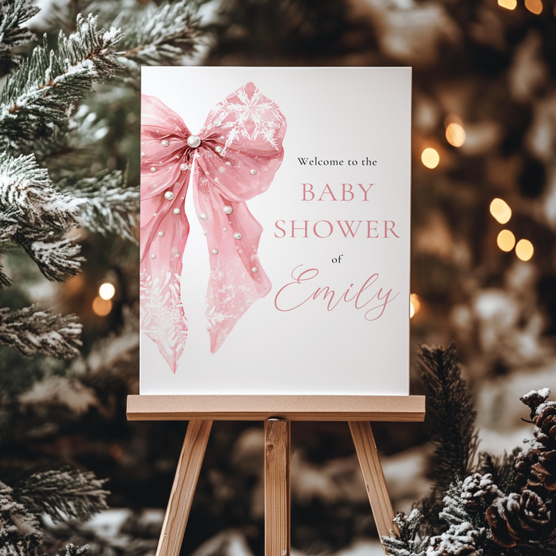 Pink Bow Winter Baby Shower Welcome Sign Template BS257