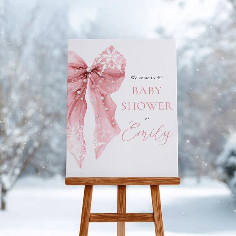 Pink Bow Winter Baby Shower Welcome Sign Template BS257