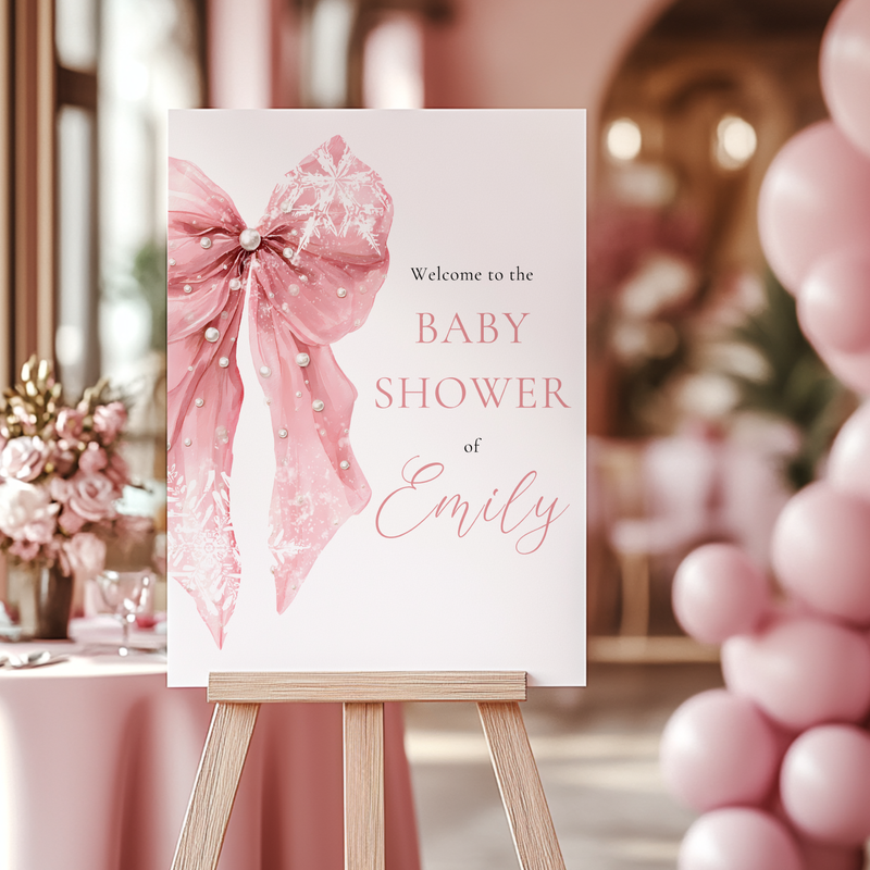 Pink Bow Winter Baby Shower Welcome Sign Template BS257