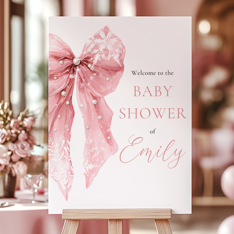 Pink Bow Winter Baby Shower Welcome Sign Template BS257