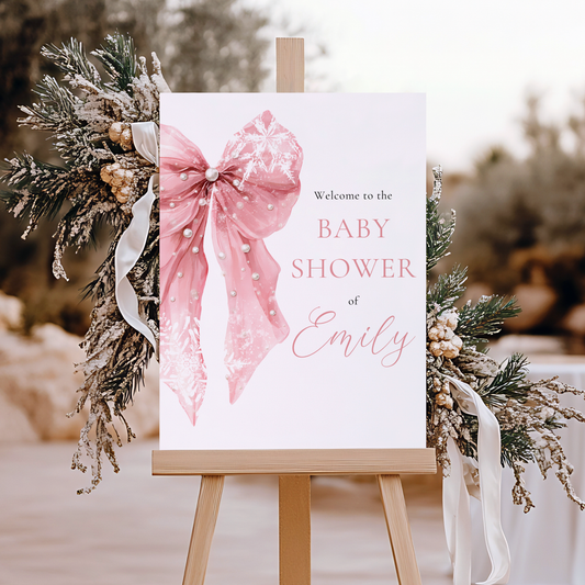 Pink Bow Winter Baby Shower Welcome Sign Template BS257