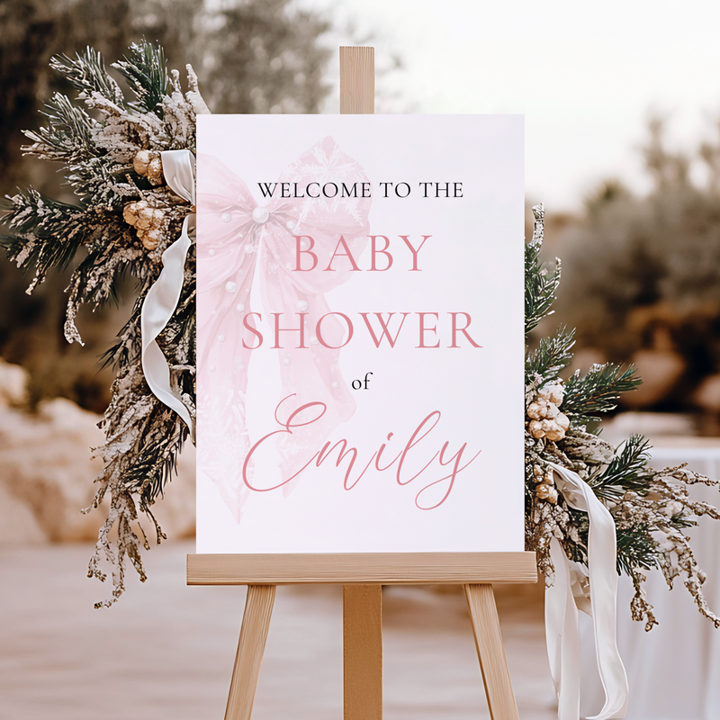 Pink Bow Winter Baby Shower Welcome Sign Template BS257