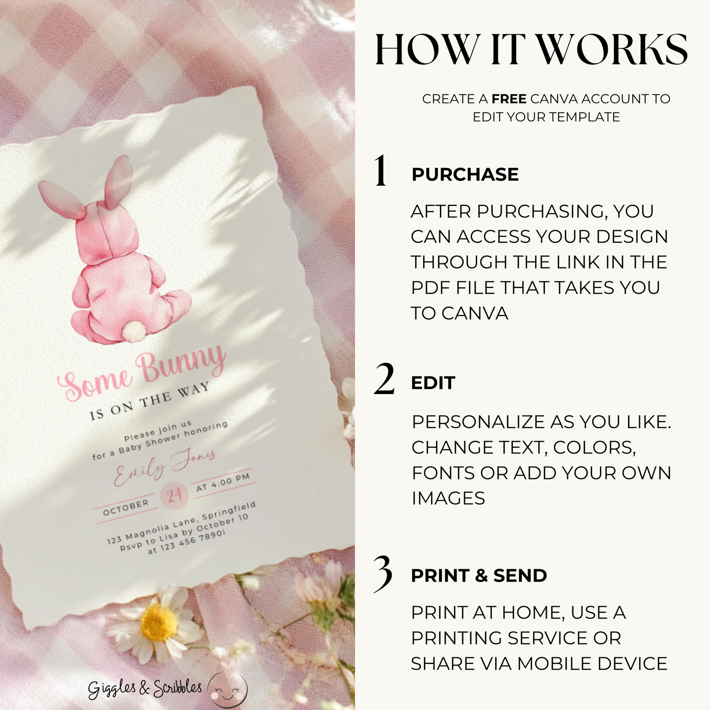 Pink Bunny Baby Shower Invitation BS290