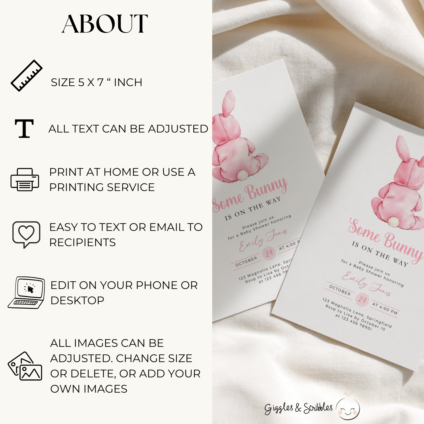 Pink Bunny Baby Shower Invitation BS290