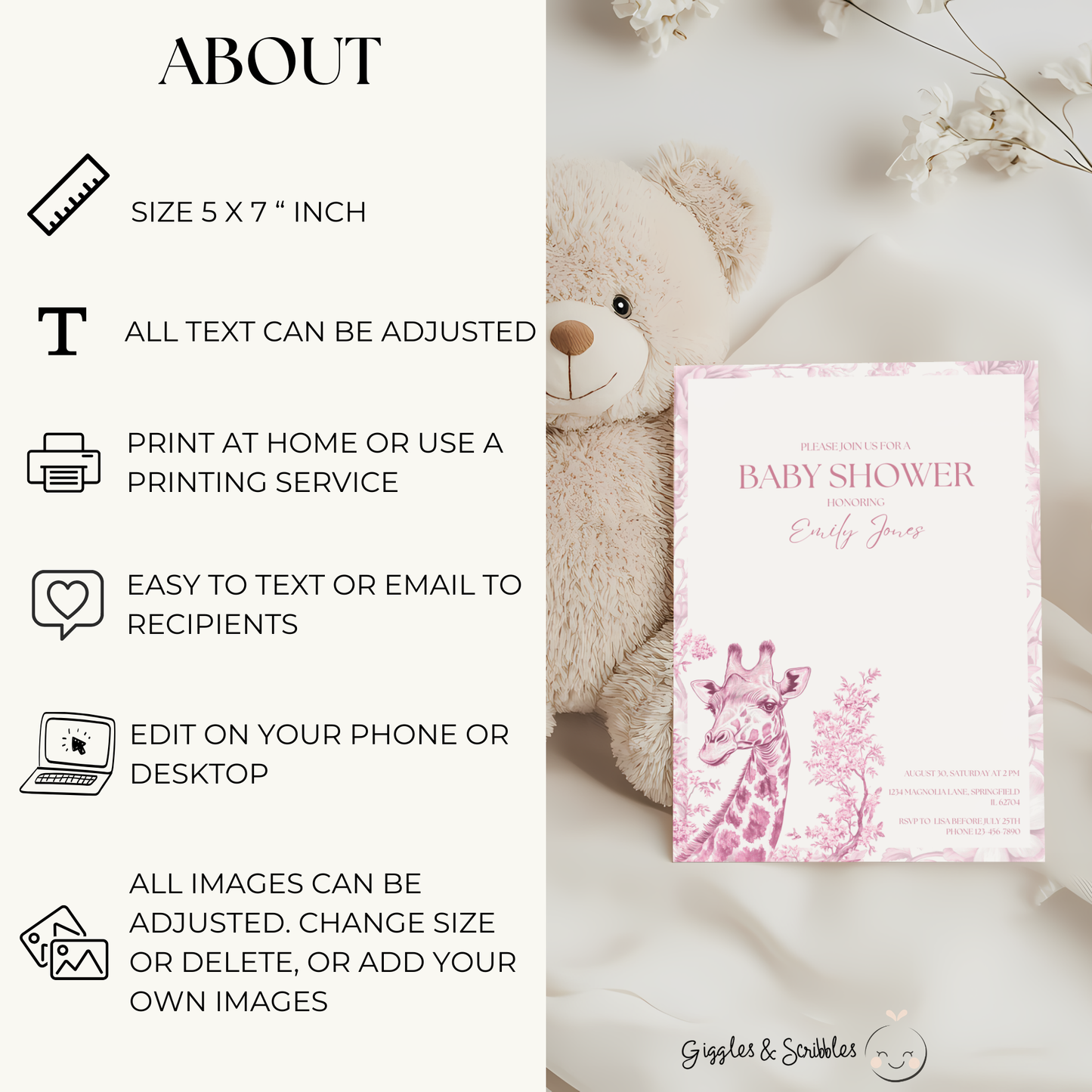 Baby Shower Invitation - Pink Safari Chinoiserie Giraffe BS16
