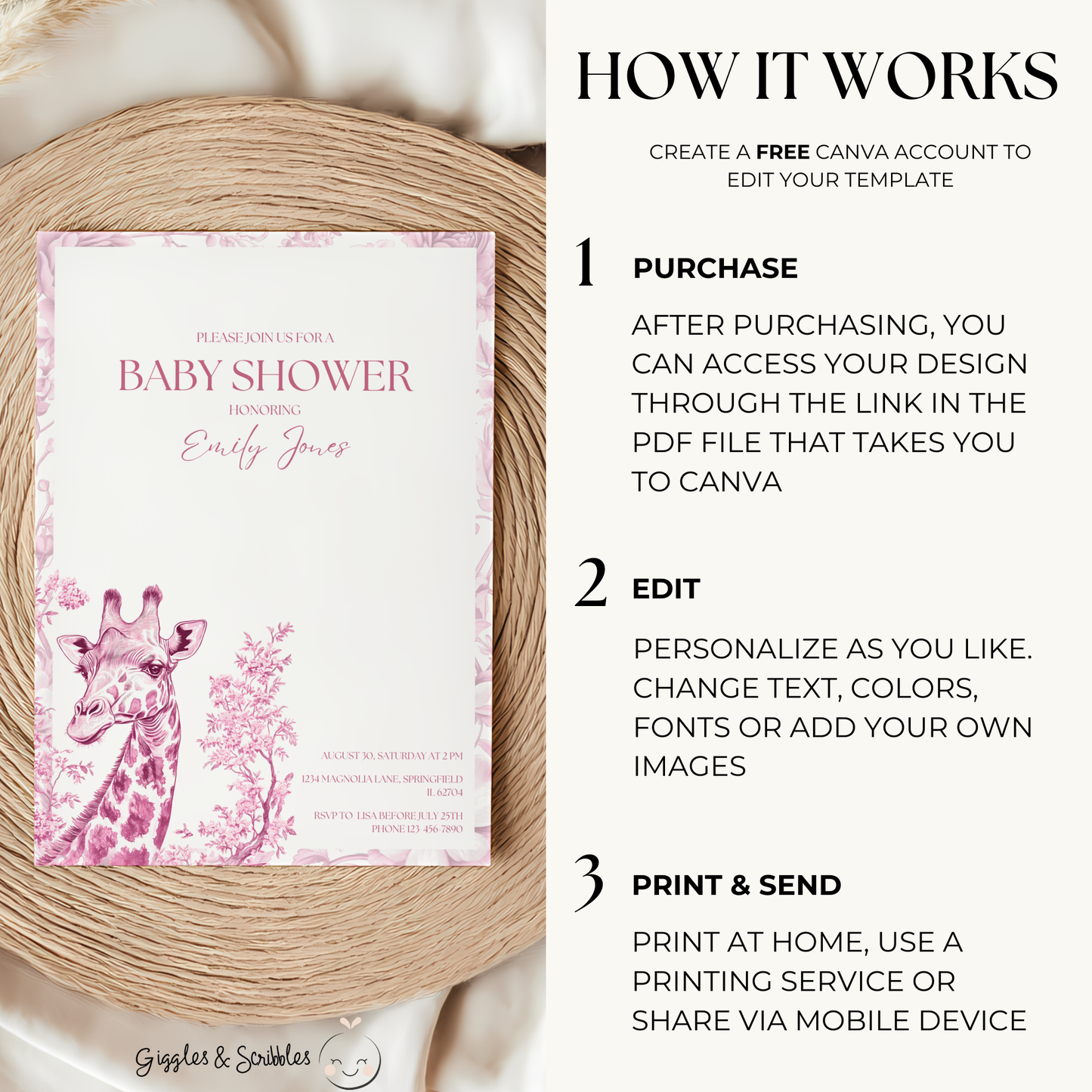 Baby Shower Invitation - Pink Safari Chinoiserie Giraffe BS16