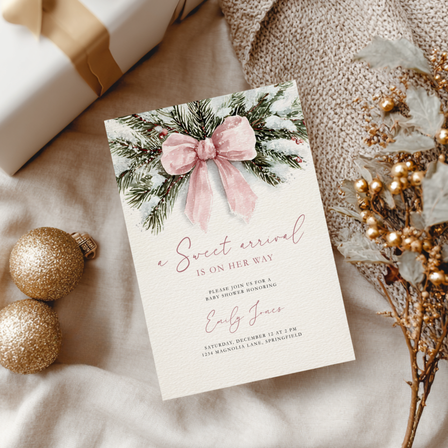 A Sweet Arrival Pink Bow Christmas Baby Shower Invitation BS263