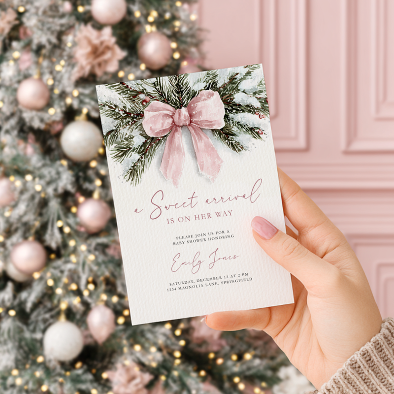 A Sweet Arrival Pink Bow Christmas Baby Shower Invitation BS263