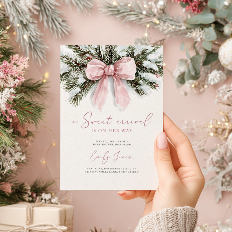 A Sweet Arrival Pink Bow Christmas Baby Shower Invitation BS263