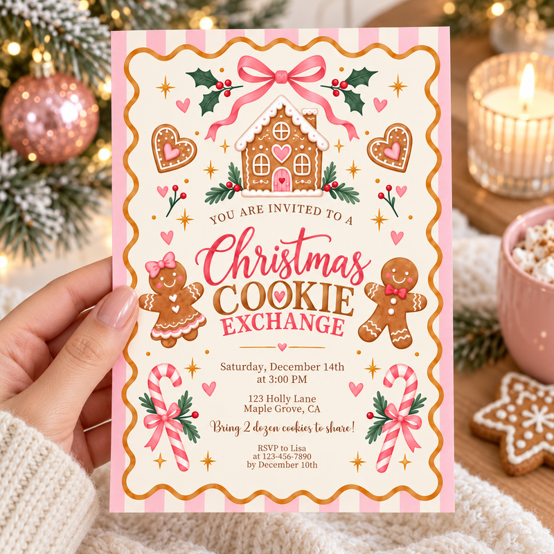 Pink Christmas Cookie Exchange Invitation – Gingerbread Cookie Swap L188