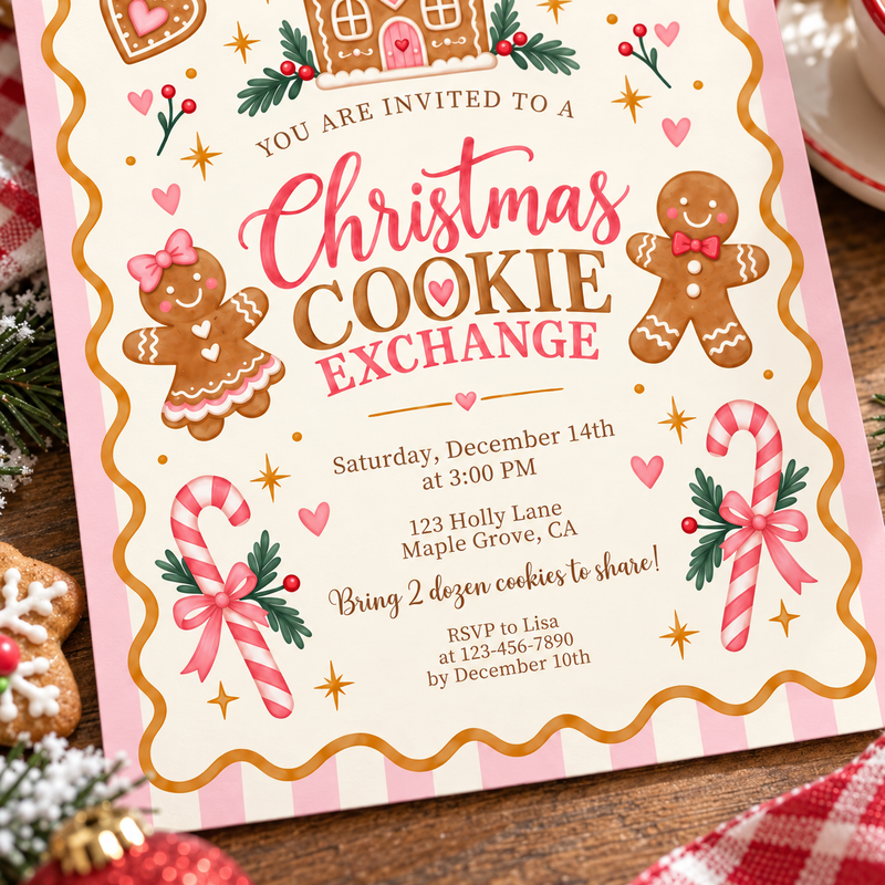 Pink Christmas Cookie Exchange Invitation – Gingerbread Cookie Swap L188