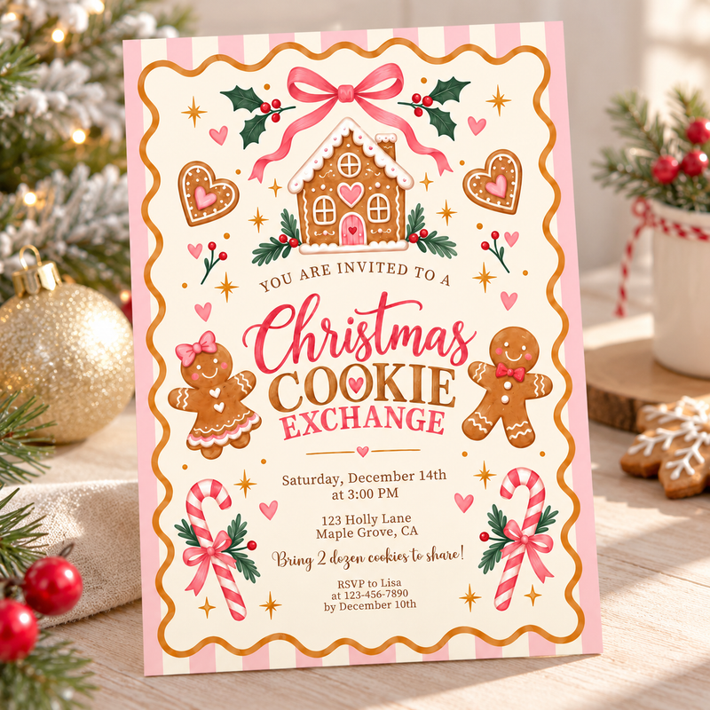 Pink Christmas Cookie Exchange Invitation – Gingerbread Cookie Swap L188