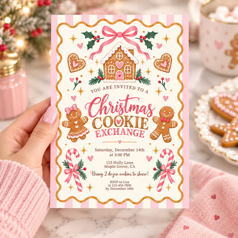 Pink Christmas Cookie Exchange Invitation – Gingerbread Cookie Swap L188