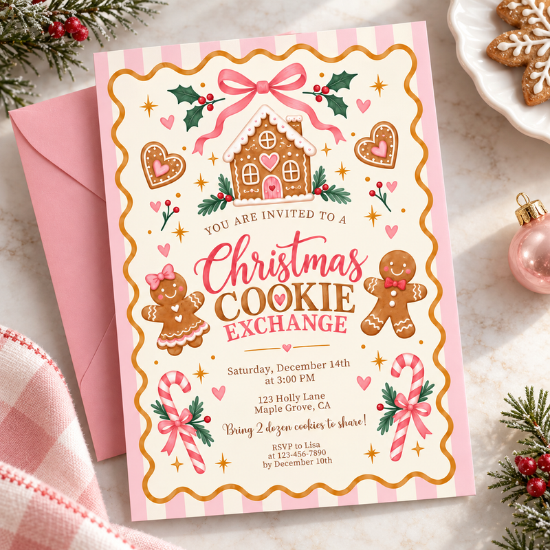 Pink Christmas Cookie Exchange Invitation – Gingerbread Cookie Swap L188
