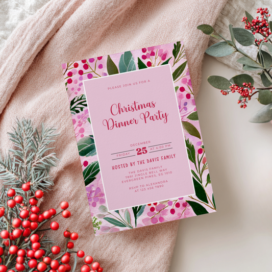 Editable Pink Christmas Dinner Invitation Template L58