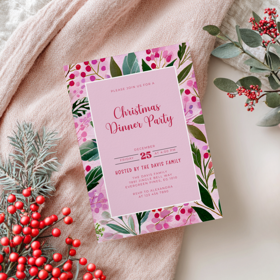 Editable Pink Christmas Dinner Invitation Template L58