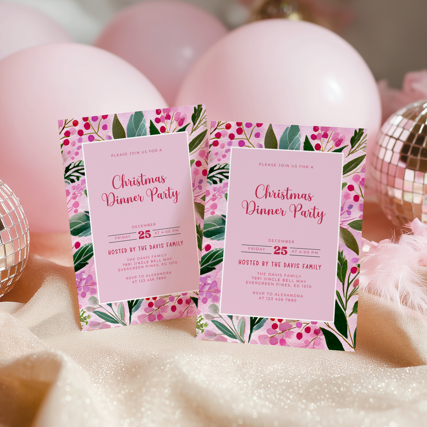 Editable Pink Christmas Dinner Invitation Template L58