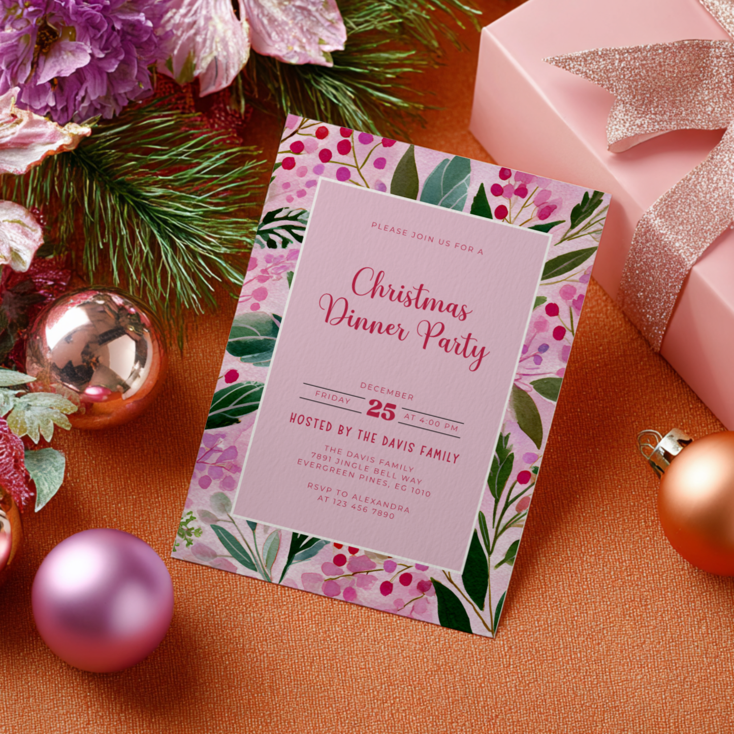 Editable Pink Christmas Dinner Invitation Template L58