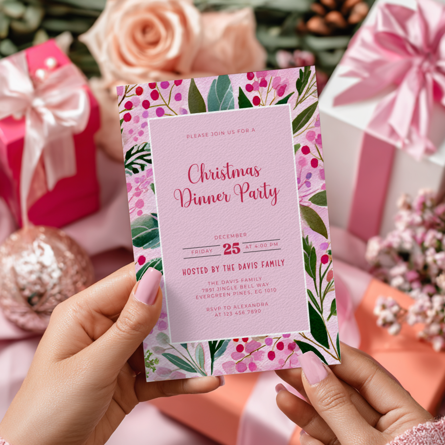Editable Pink Christmas Dinner Invitation Template L58