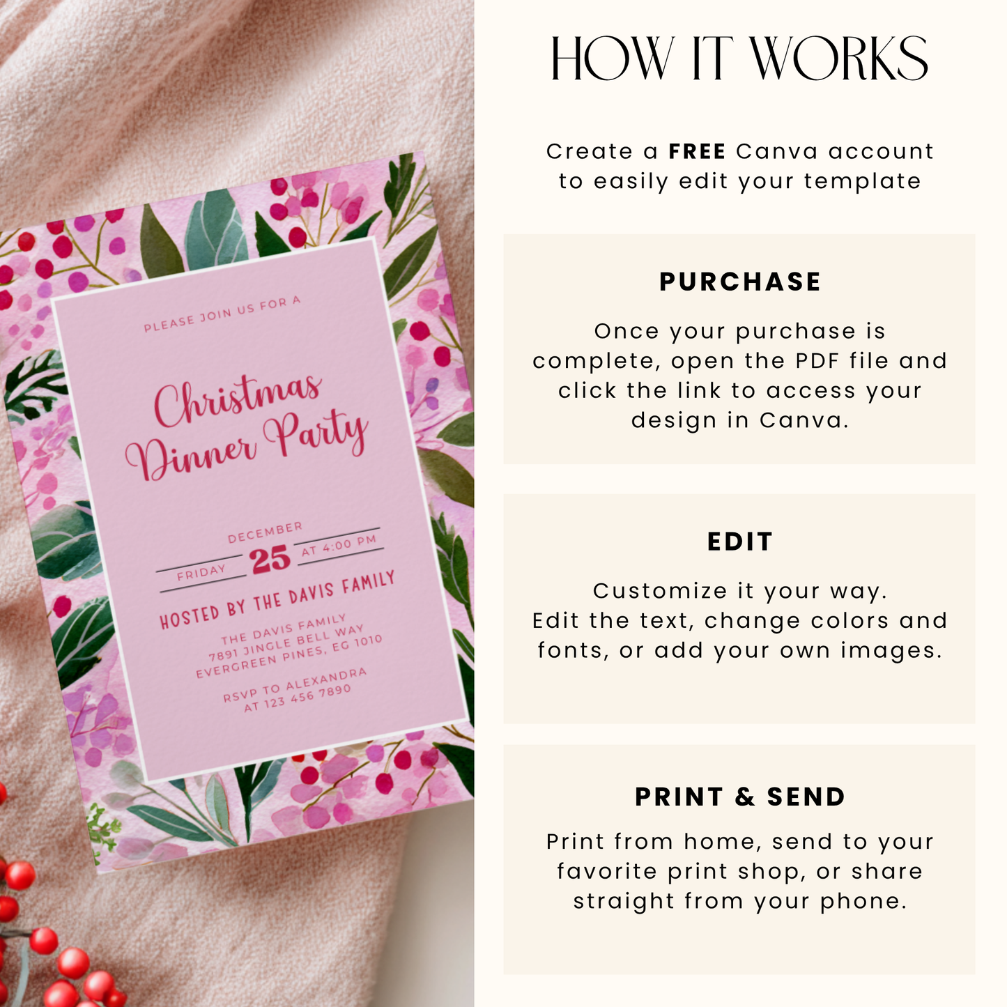 Editable Pink Christmas Dinner Invitation Template L58