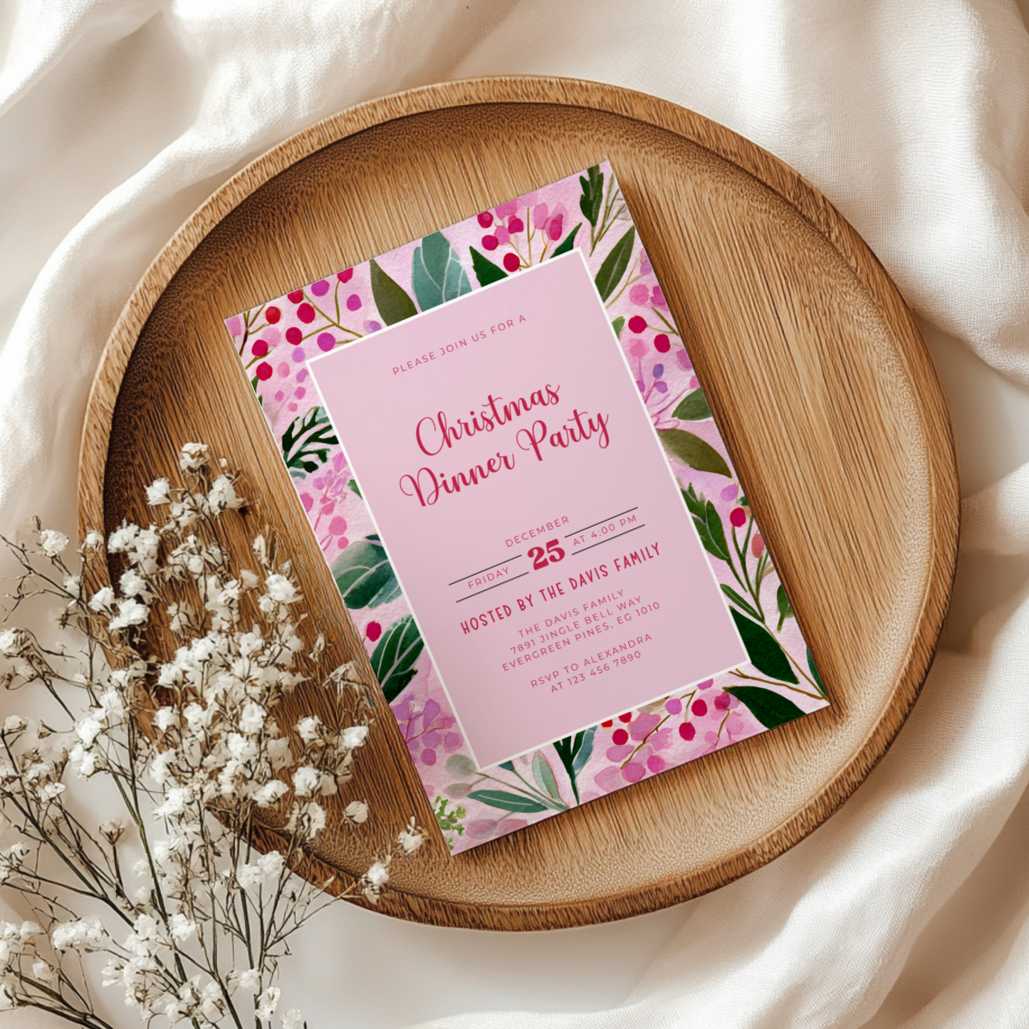 Editable Pink Christmas Dinner Invitation Template L58