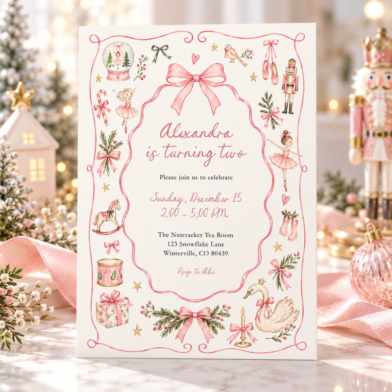 Pink Christmas Nutcracker Birthday Invitation L183