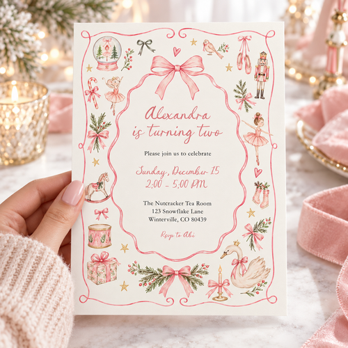 Pink Christmas Nutcracker Birthday Invitation L183
