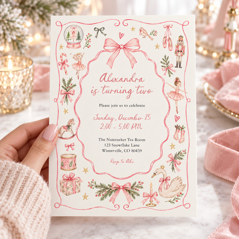 Pink Christmas Nutcracker Birthday Invitation L183