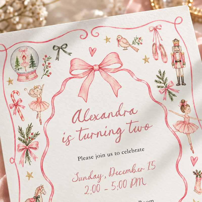Pink Christmas Nutcracker Birthday Invitation L183