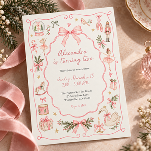 Pink Christmas Nutcracker Birthday Invitation L183