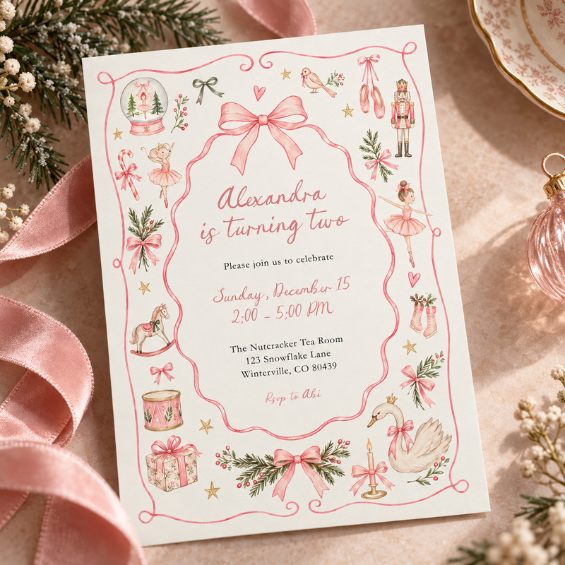 Pink Christmas Nutcracker Birthday Invitation L183